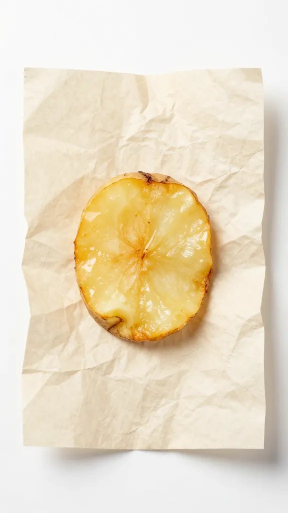 crinkled parchment holding one crispy potato round