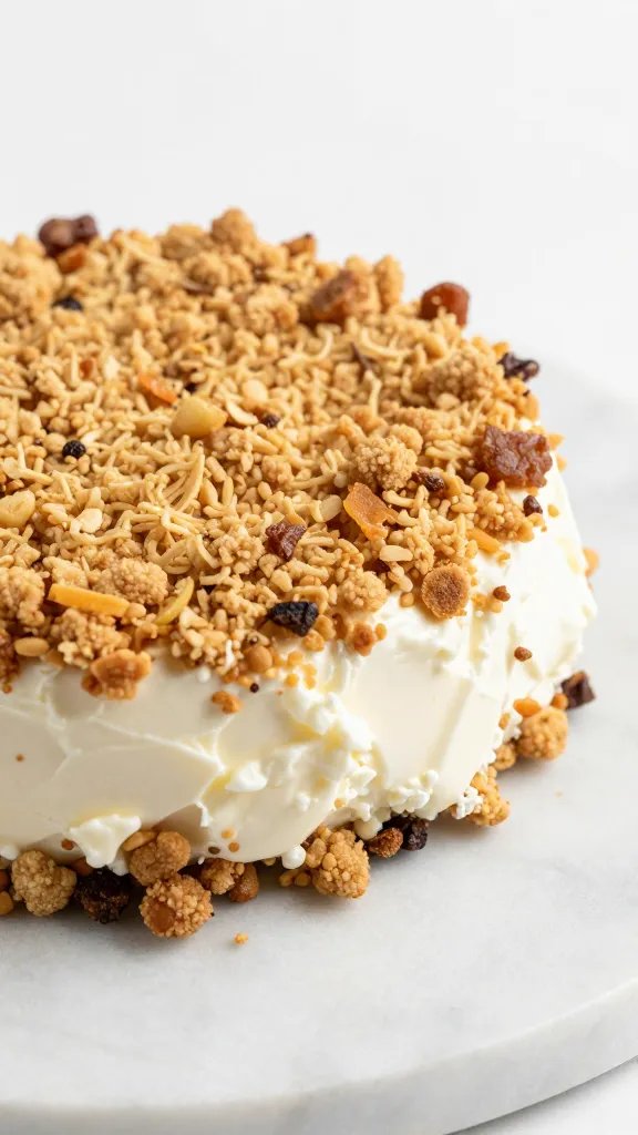 goat cheese crumble mound on marble slab, closeup