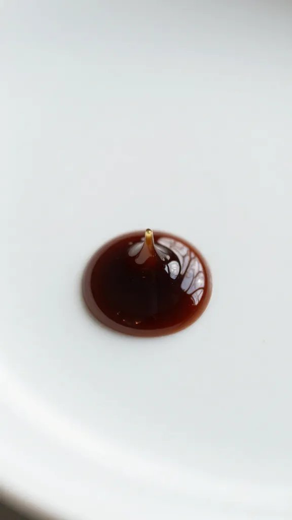balsamic reduction droplet on porcelain plate, macro