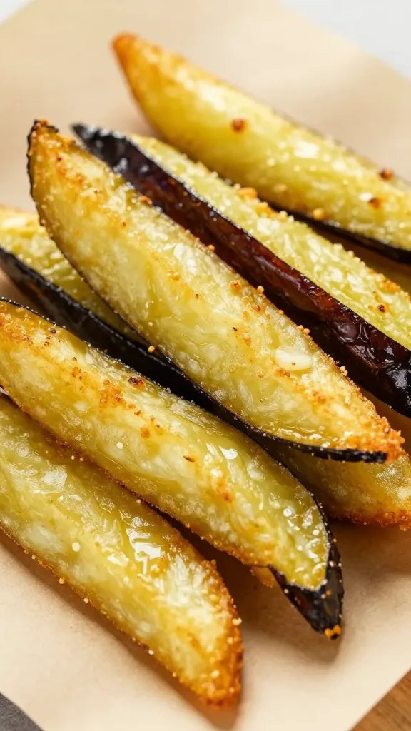 closeup of golden air-fried eggplant fries on parchment