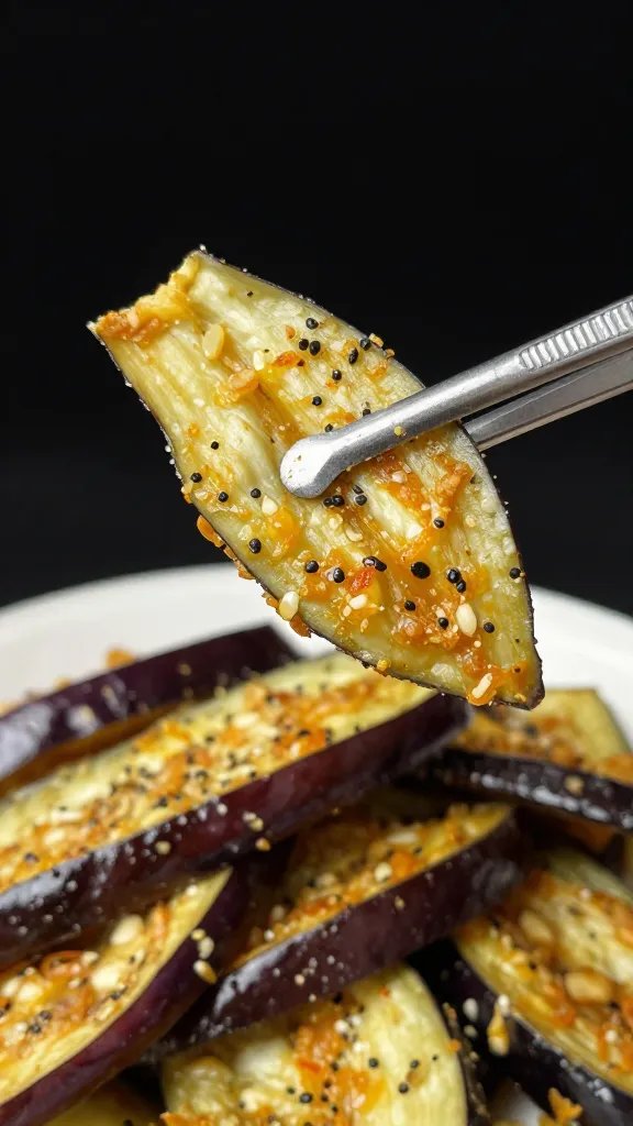 seasoned eggplant fry held with tweezers over black backdrop