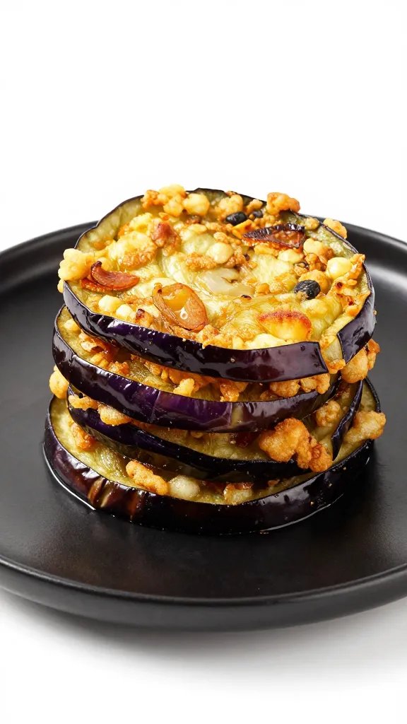 crispy eggplant fry stack on matte black plate