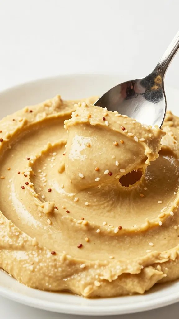 spoon dipping into silky baba ganoush, sesame garnish