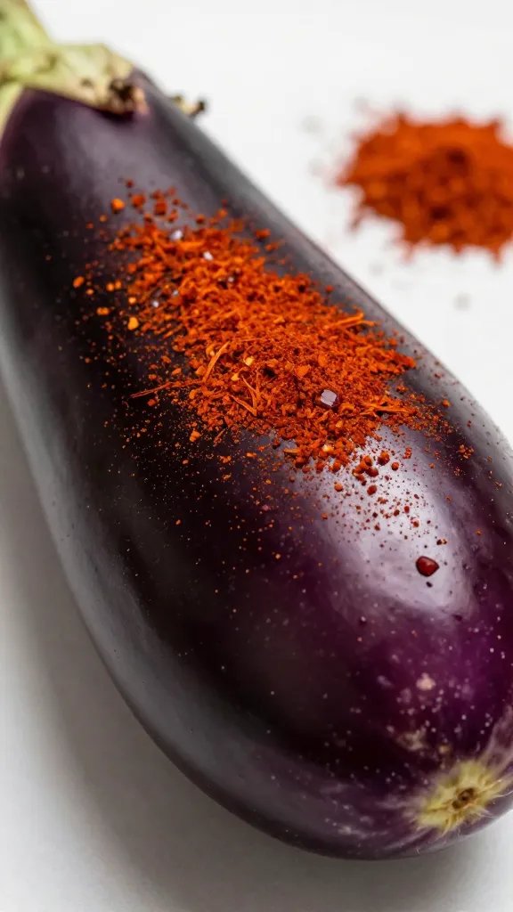 raw eggplant baton dusted with paprika, macro shot