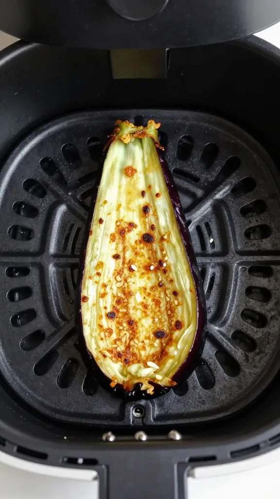 air fryer basket with single crisp eggplant fry, overhead
