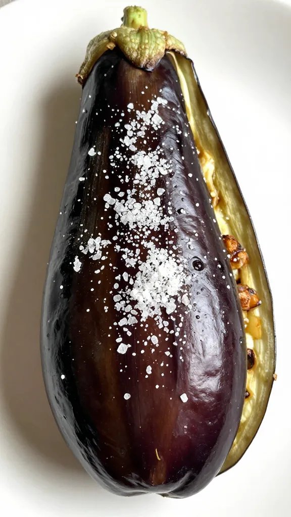 single eggplant fry sprinkled with flaky sea salt, side-lit