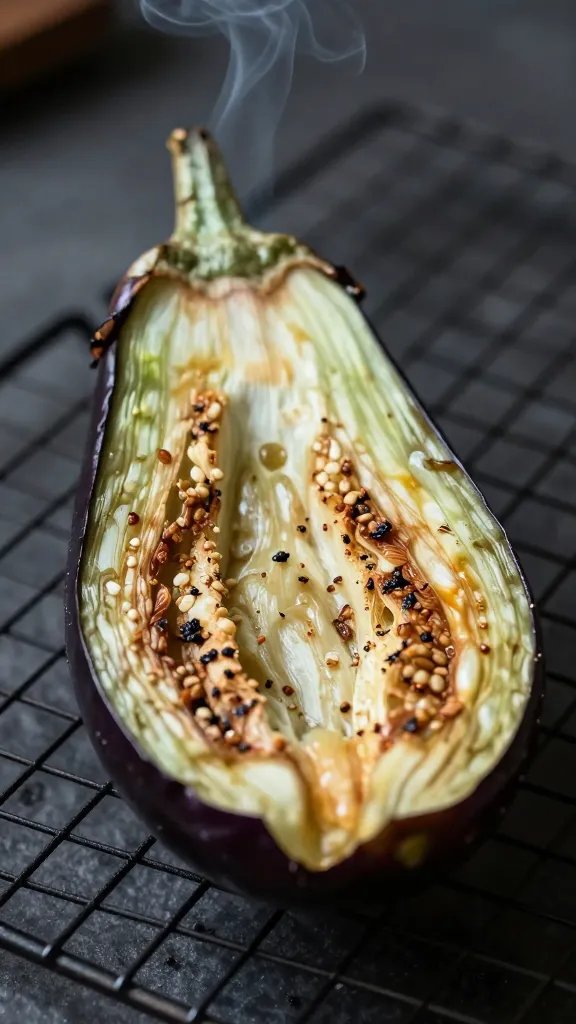 charred eggplant half on cooling rack, smoke wisps visible