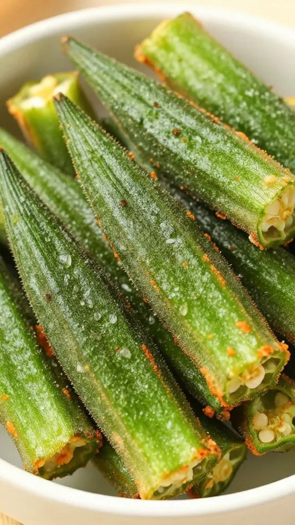 closeup bowl of crispy air fryer okra chips