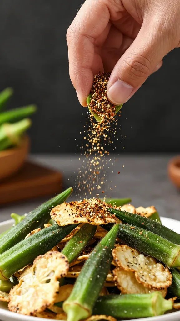 hand sprinkling Cajun Ranch seasoning over okra chips