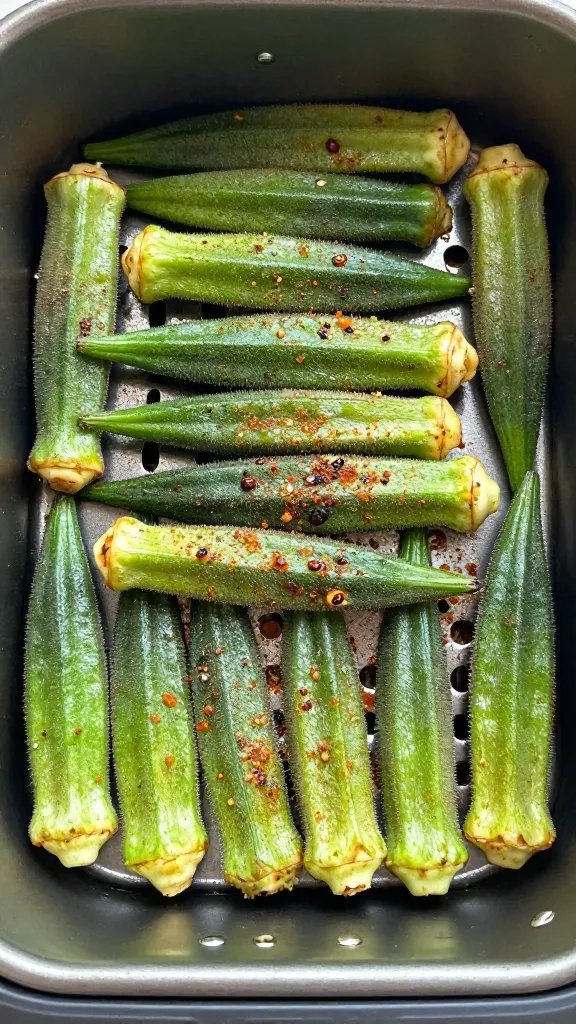 single sheet pan of seasoned okra before air-frying