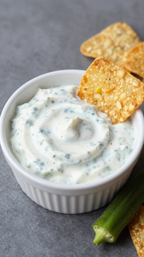 small ramekin of creamy ranch dip beside okra chip