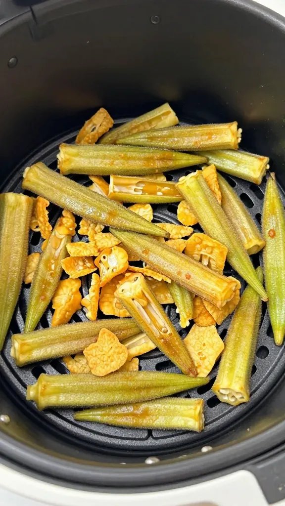 air fryer basket filled with golden okra chips