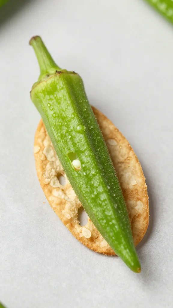 okra chip resting on parchment with visible paprika