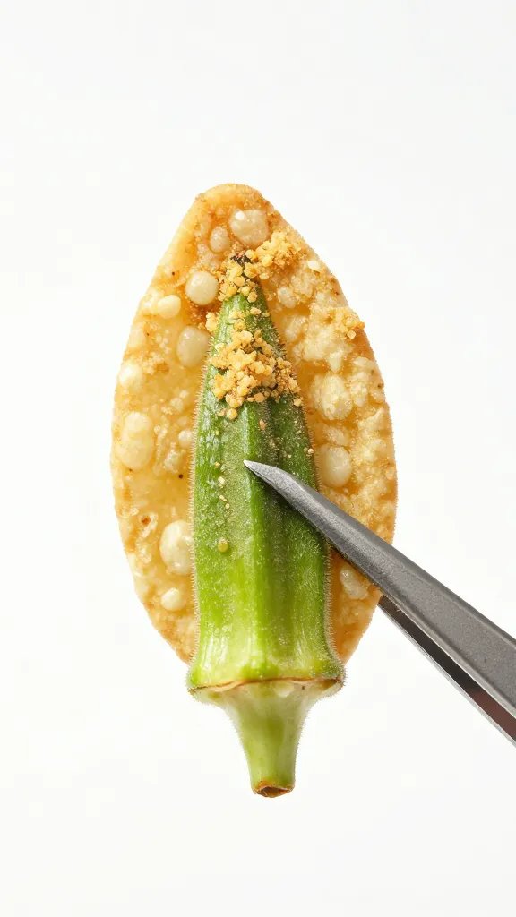 dusted okra chip held with tweezers, studio lighting