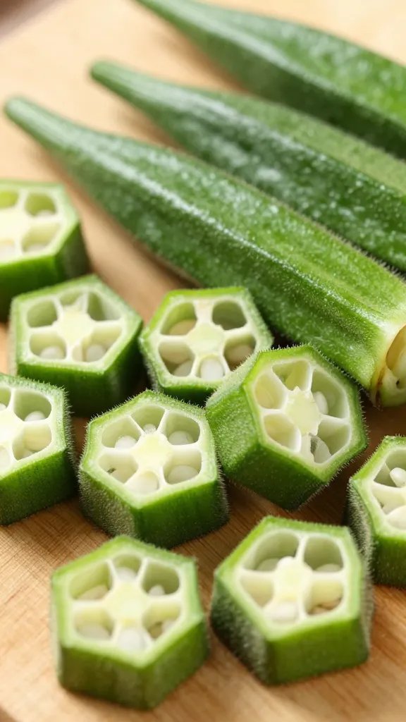 closeup of sliced raw okra rounds on cutting board