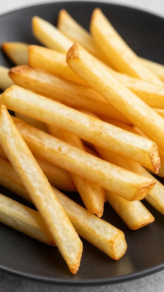 closeup of golden celeriac fries on matte black plate
