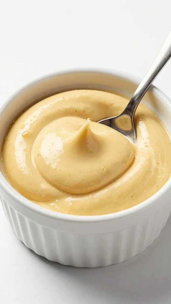 truffle mustard mayo in ramekin with spoon swirl