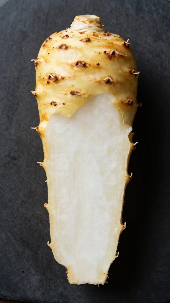 raw celeriac half on dark cutting board, peeled