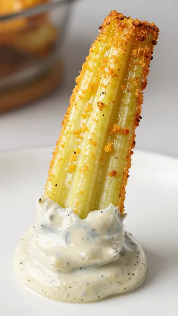 single celeriac fry dipped in truffle mayo, macro shot