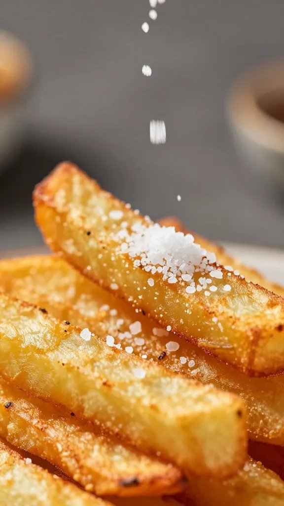 sprinkling flaky salt over hot celeriac fries, closeup