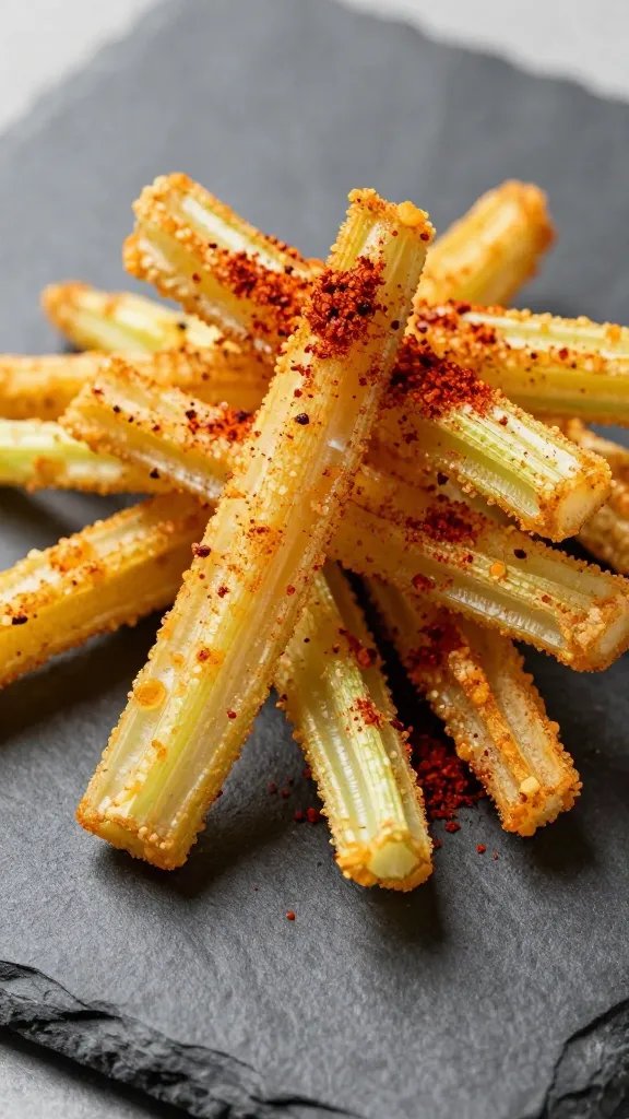 smoked paprika dusted celeriac fry on slate surface