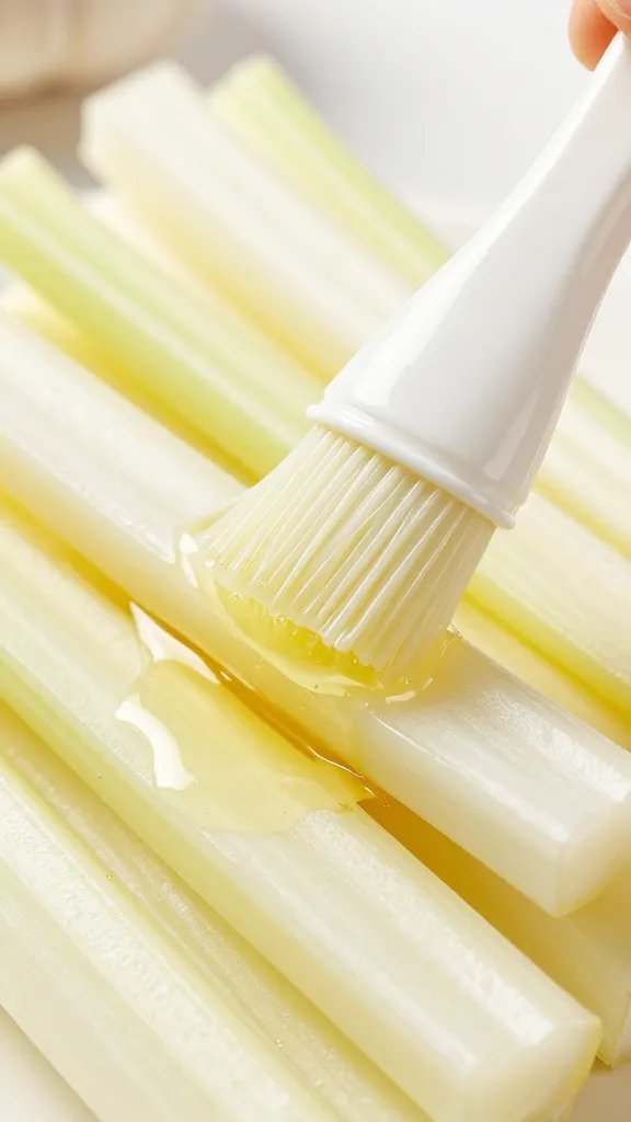 garlic-infused oil brushing celeriac sticks, closeup