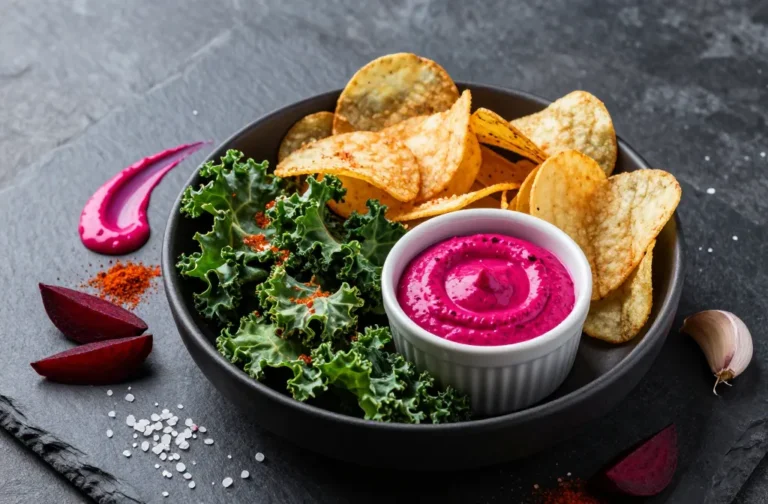 Air Fryer Kale & Potato Chip Mix with Spicy Beet Dip