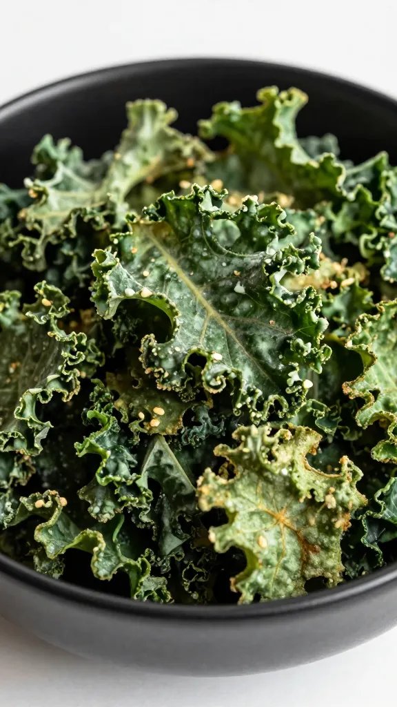 closeup bowl of air-fried kale chips, matte black bowl