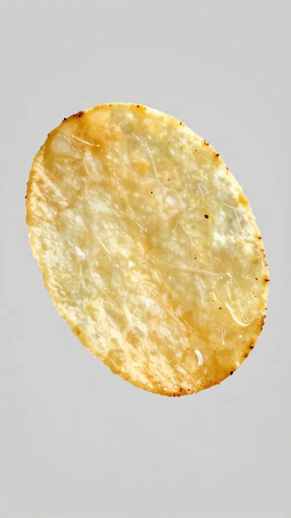 single thin air-fried potato chip, backlit translucence