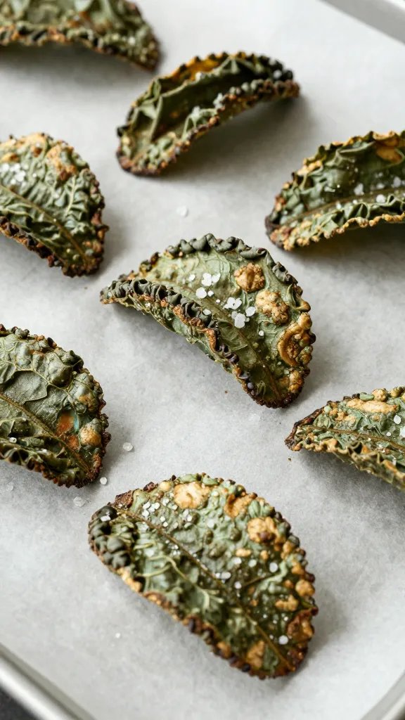 kale chip on parchment, visible sea salt crystals