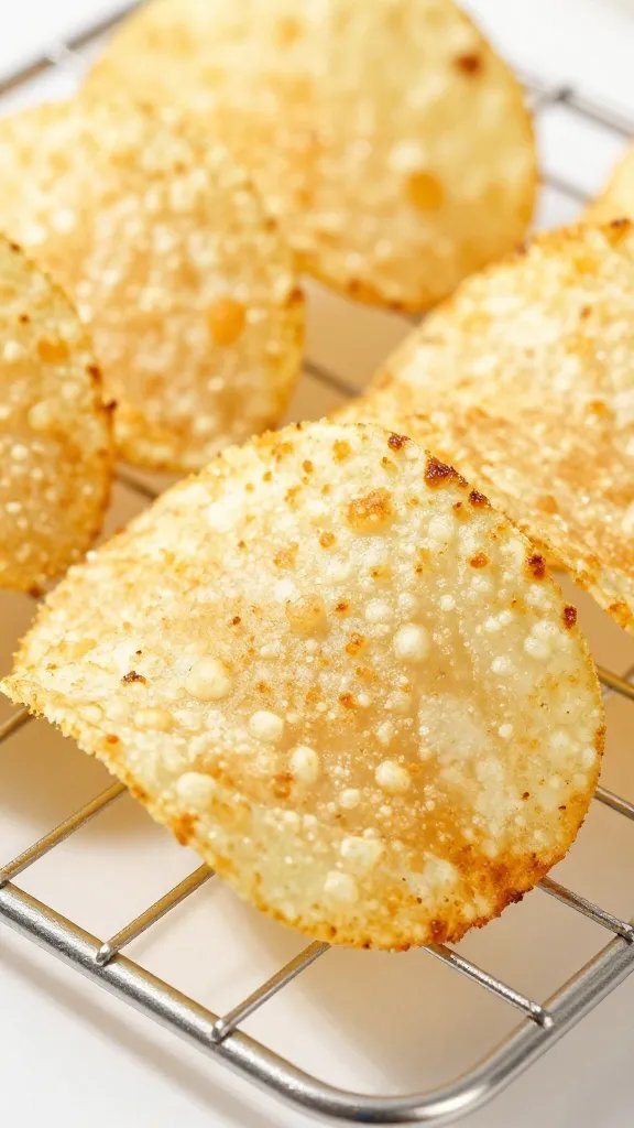 potato chip resting on wire rack, golden blistered surface