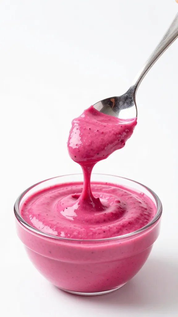 spoon dipped in hot pink beet dip, clean white background