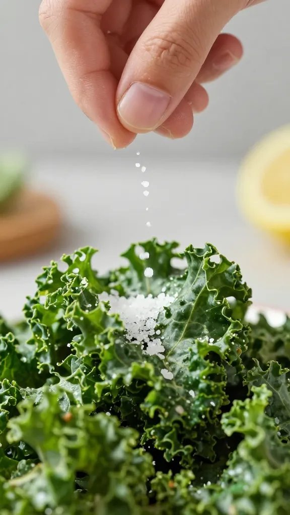 hand sprinkling flaky salt over kale chip, tight macro