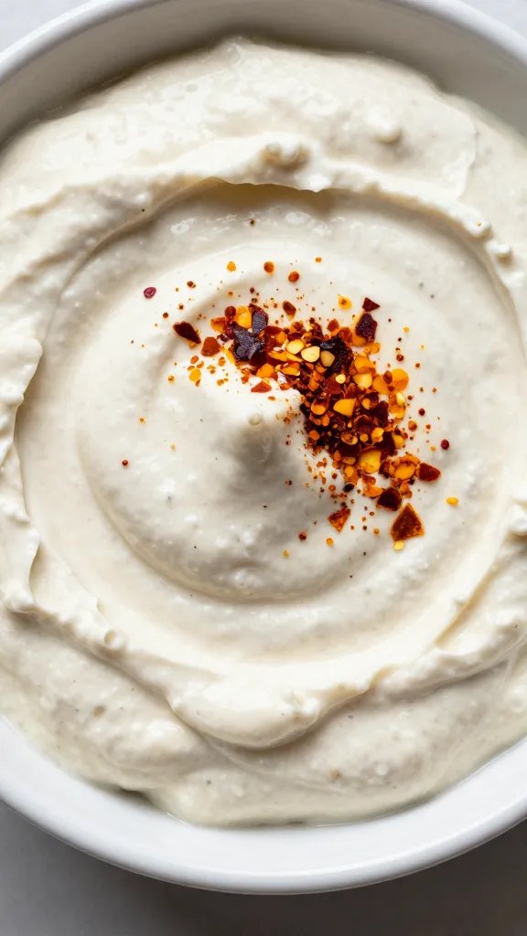 beet dip dollop with chili flakes, overhead closeup