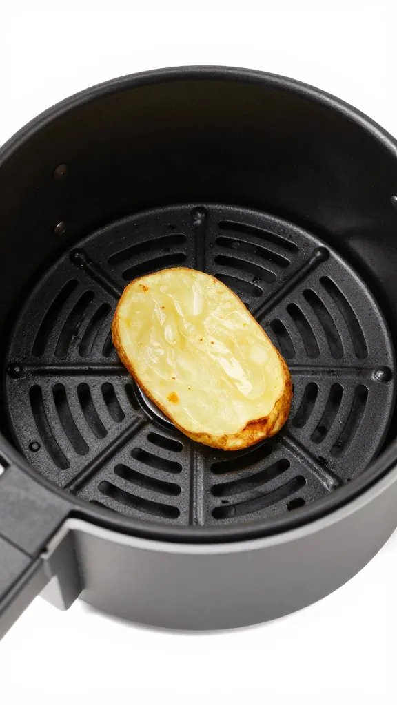 air fryer basket with single crispy potato slice, shallow depth