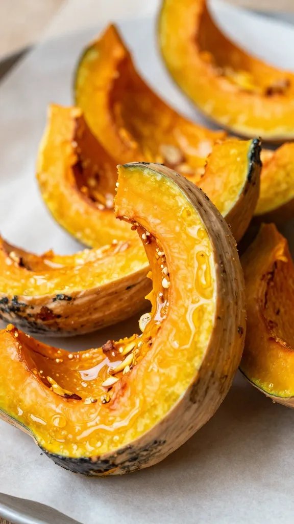 closeup of crispy butternut squash wedge on parchment