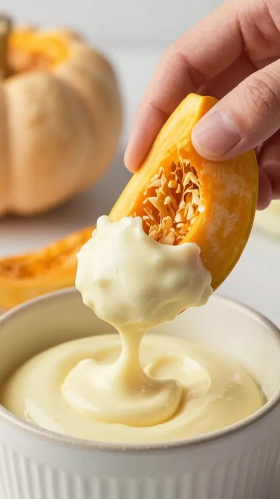 hand dipping one squash wedge into sage butter, macro
