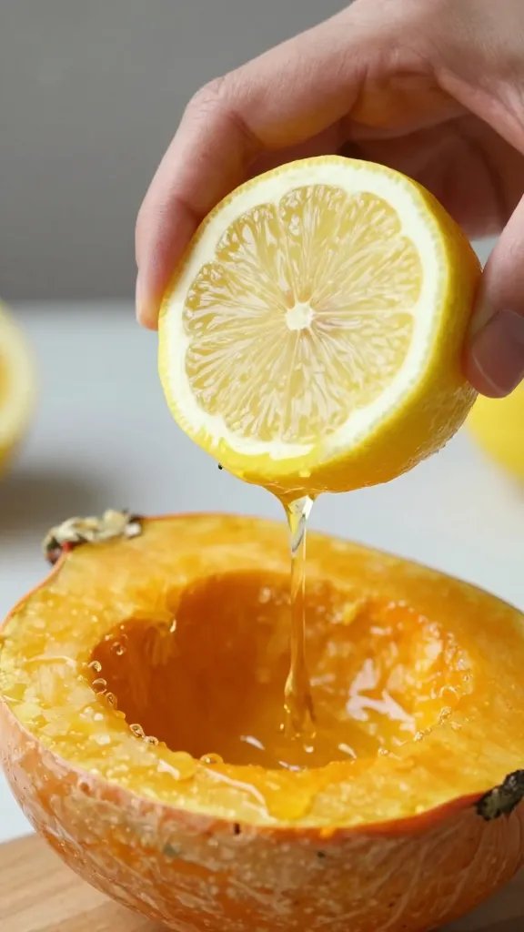 lemon half squeezed over squash wedge, tight shot