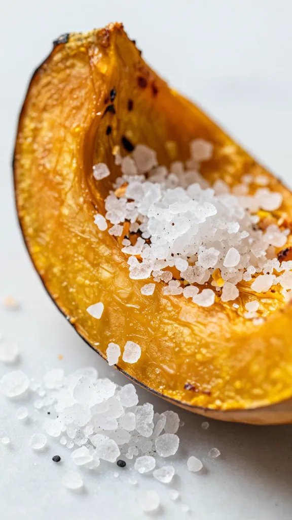 pile of flaky sea salt on roasted squash wedge, macro