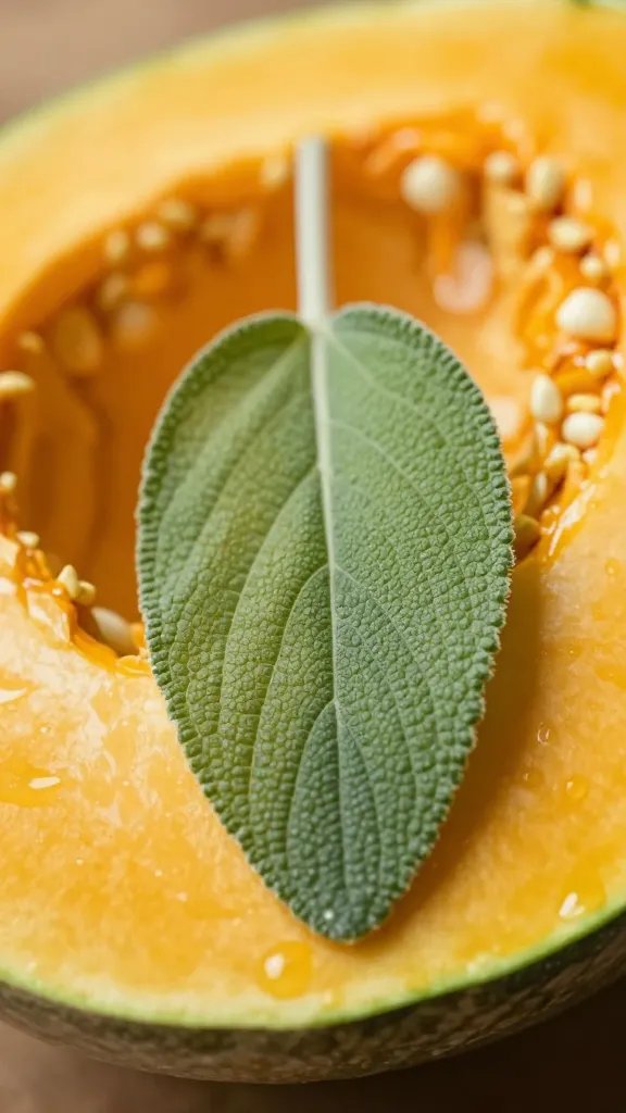 single fresh sage leaf resting on squash wedge, closeup