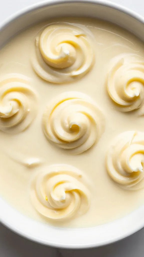 browned butter swirls in white sauce dish, overhead