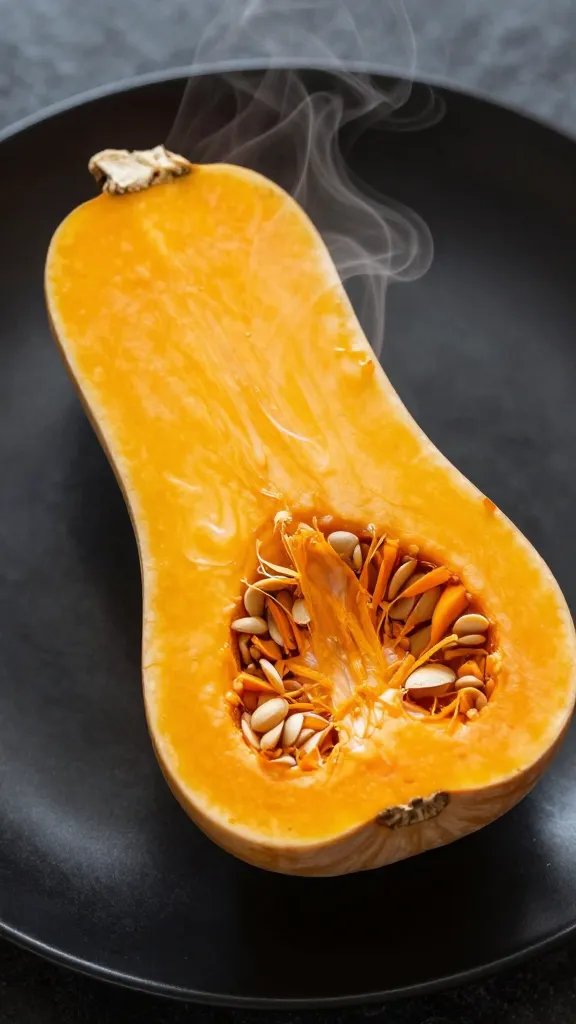 steaming butternut wedge on matte black plate, closeup