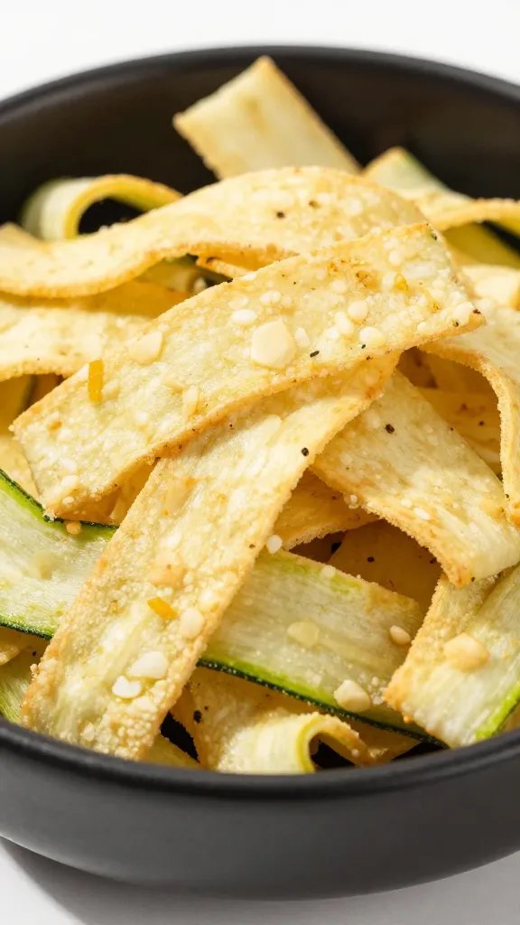closeup of zucchini ribbon crisps in matte black bowl