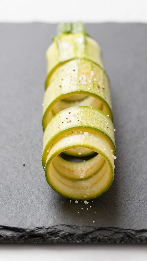 single zucchini ribbon curl, golden and salted, on slate