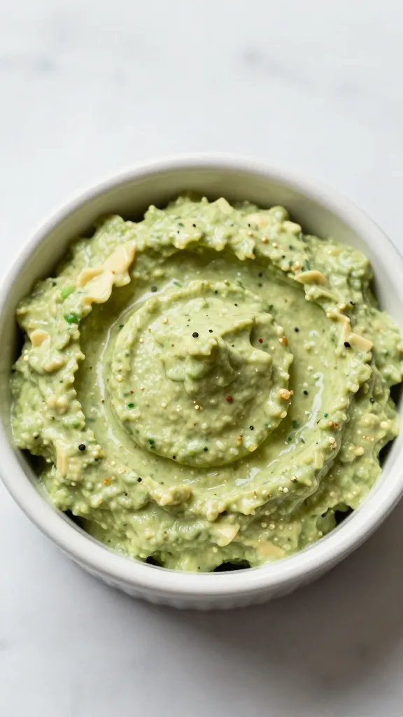 avocado ranch dip in small ceramic ramekin, overhead