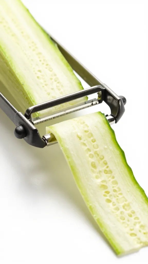 vegetable peeler creating long zucchini ribbon, macro shot