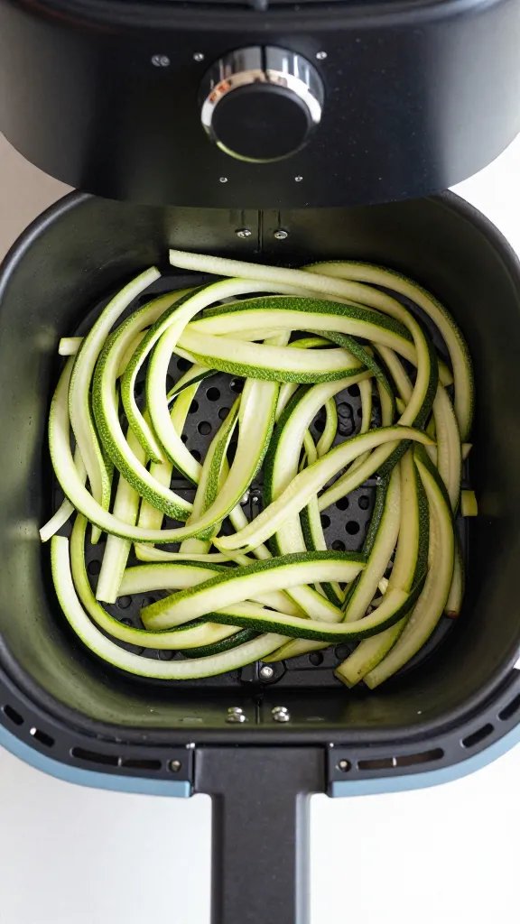 air fryer basket with single layer zucchini ribbons, top-down