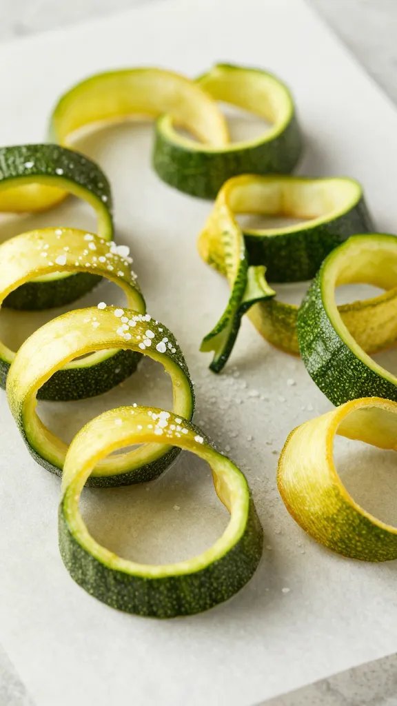 golden-edged zucchini ribbon on parchment, sea salt flakes