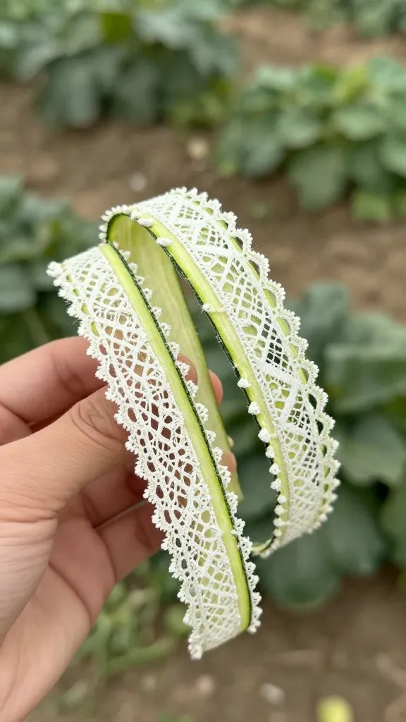 hand holding one lacy zucchini ribbon crisp, shallow depth