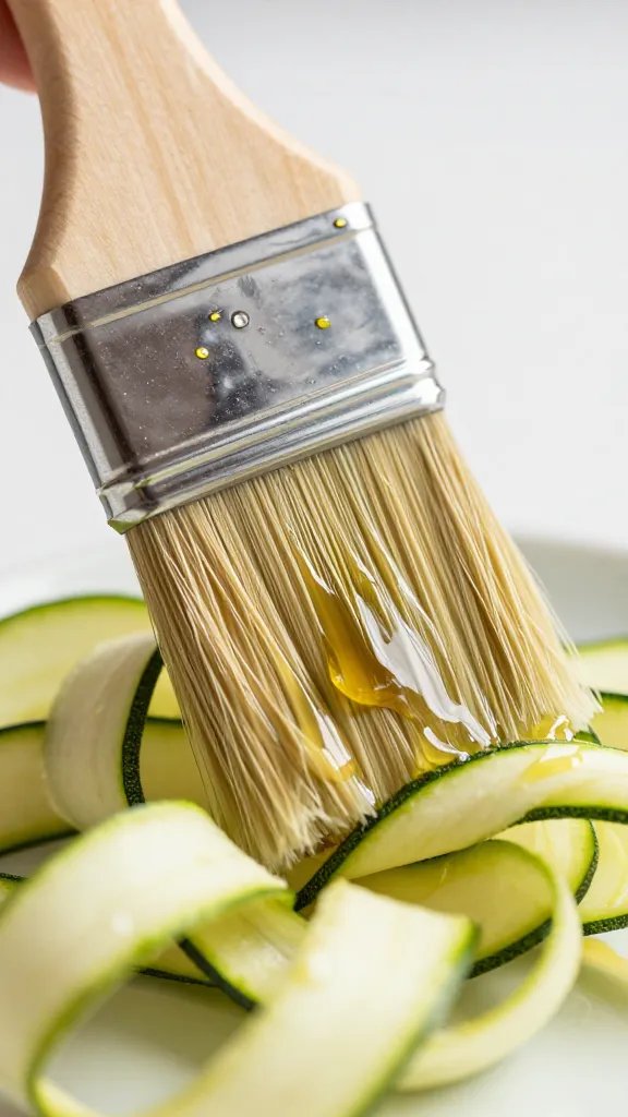 brushed oil on zucchini ribbon with pastry brush, closeup